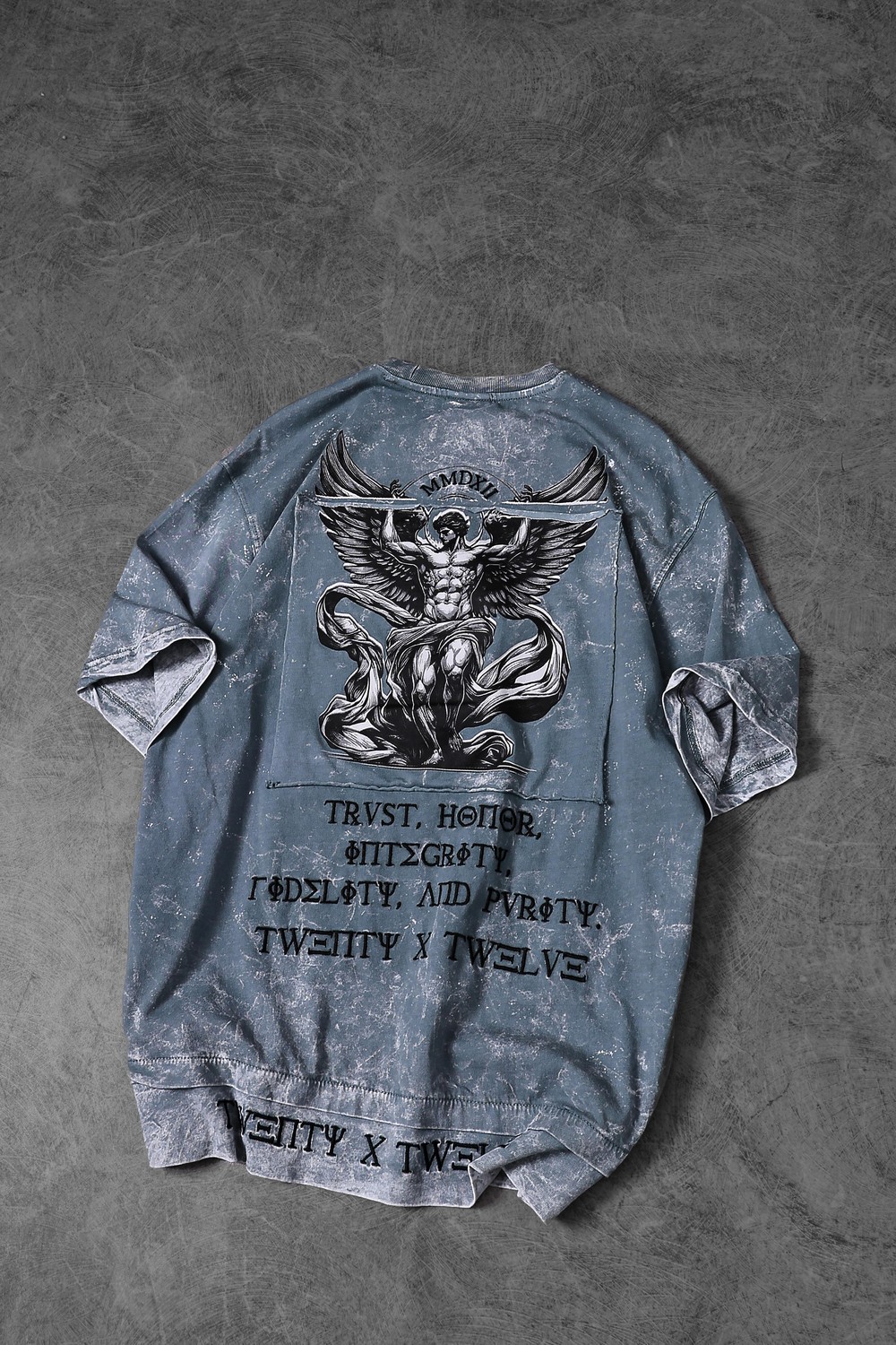 Erkek Mavi Antik Desen Patchli Nakışlı Yıkamalı Oversize Tshirt