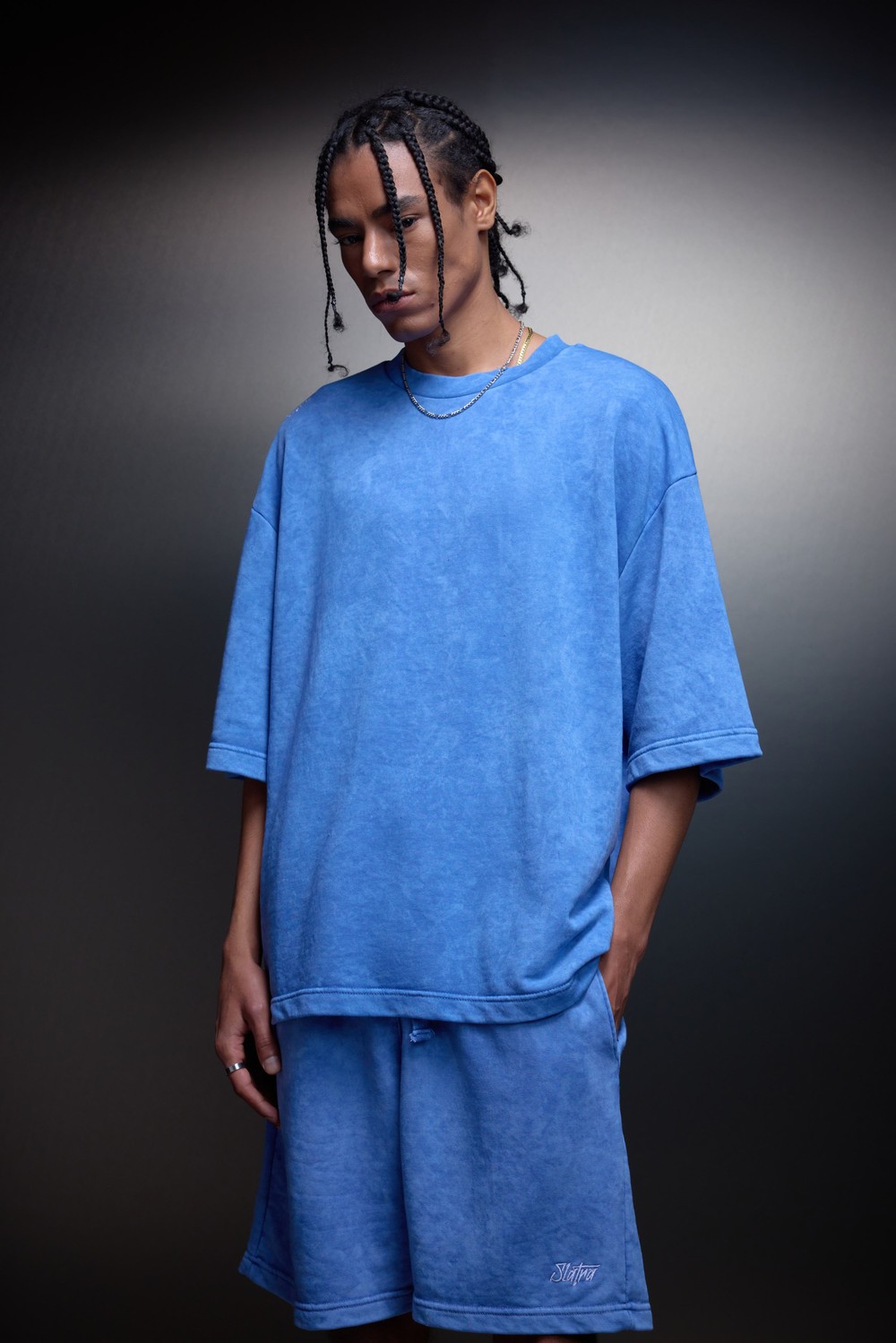 Erkek Mavi Oversize Yıkama Efektli Basic Tshirt