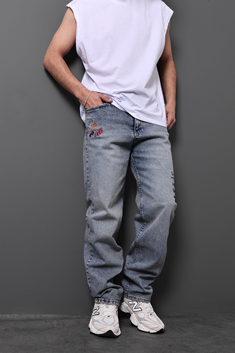 Erkek Mavi Wild Young Nakışlı Taşlı Baggy Pantolon