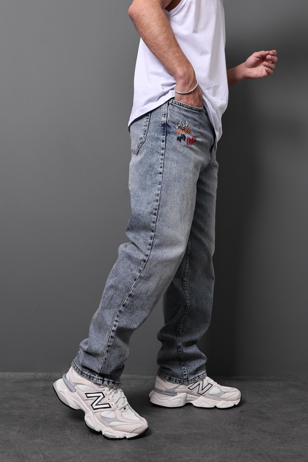 Erkek Mavi Wild Young Nakışlı Taşlı Baggy Pantolon