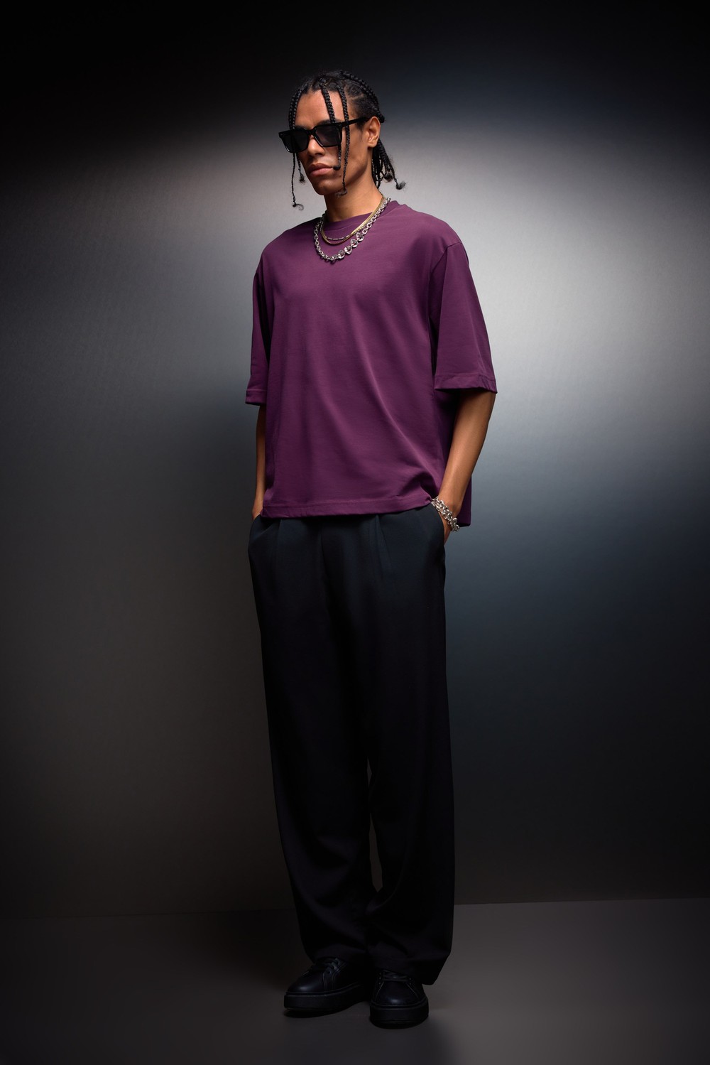 Erkek Mürdüm Boxy Fit Basic Tshirt