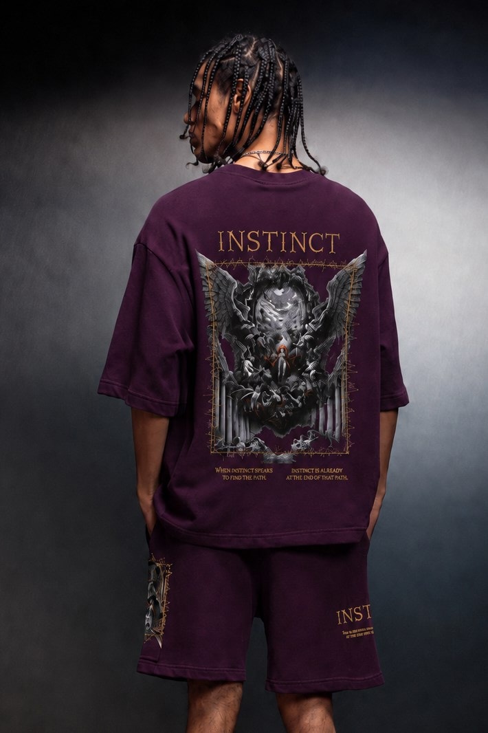 Erkek Mürdüm İnstinct Patch Nakışlı Oversize Tshirt