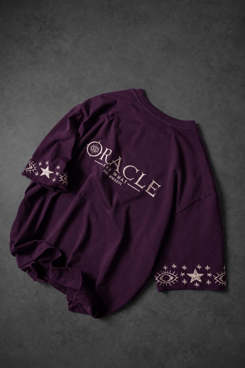 Erkek Mürdüm Oracle Nakışlı Oversize Tshirt