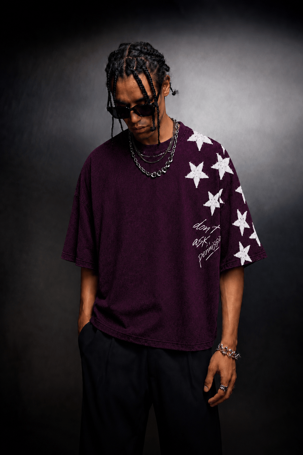 Erkek Mürdüm  Permission Aplike Nakışlı Oversize Tshirt