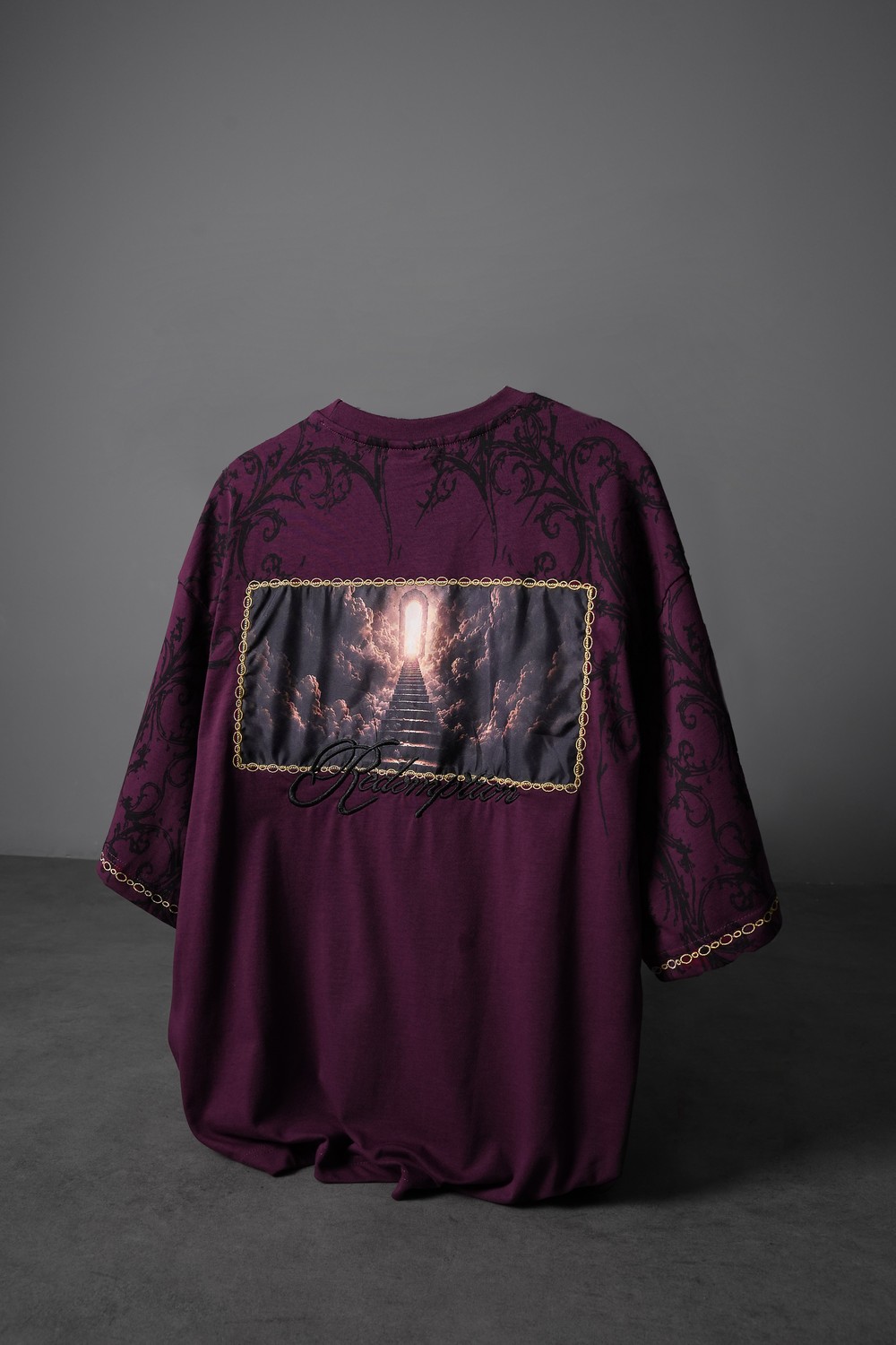 Erkek Mürdüm Redemption Patchli Baskılı Oversize Tshirt