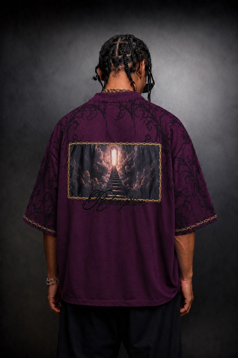Erkek Mürdüm Redemption Patchli Baskılı Oversize Tshirt