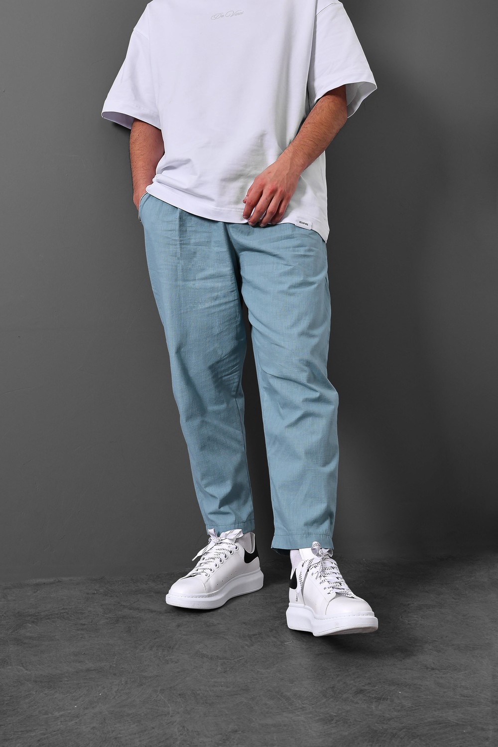 Erkek Prada Mavisi Dokulu Boyfriend Keten Pantolon