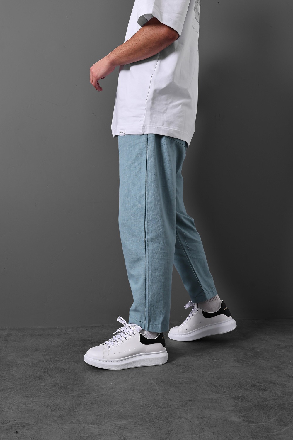 Erkek Prada Mavisi Dokulu Boyfriend Keten Pantolon