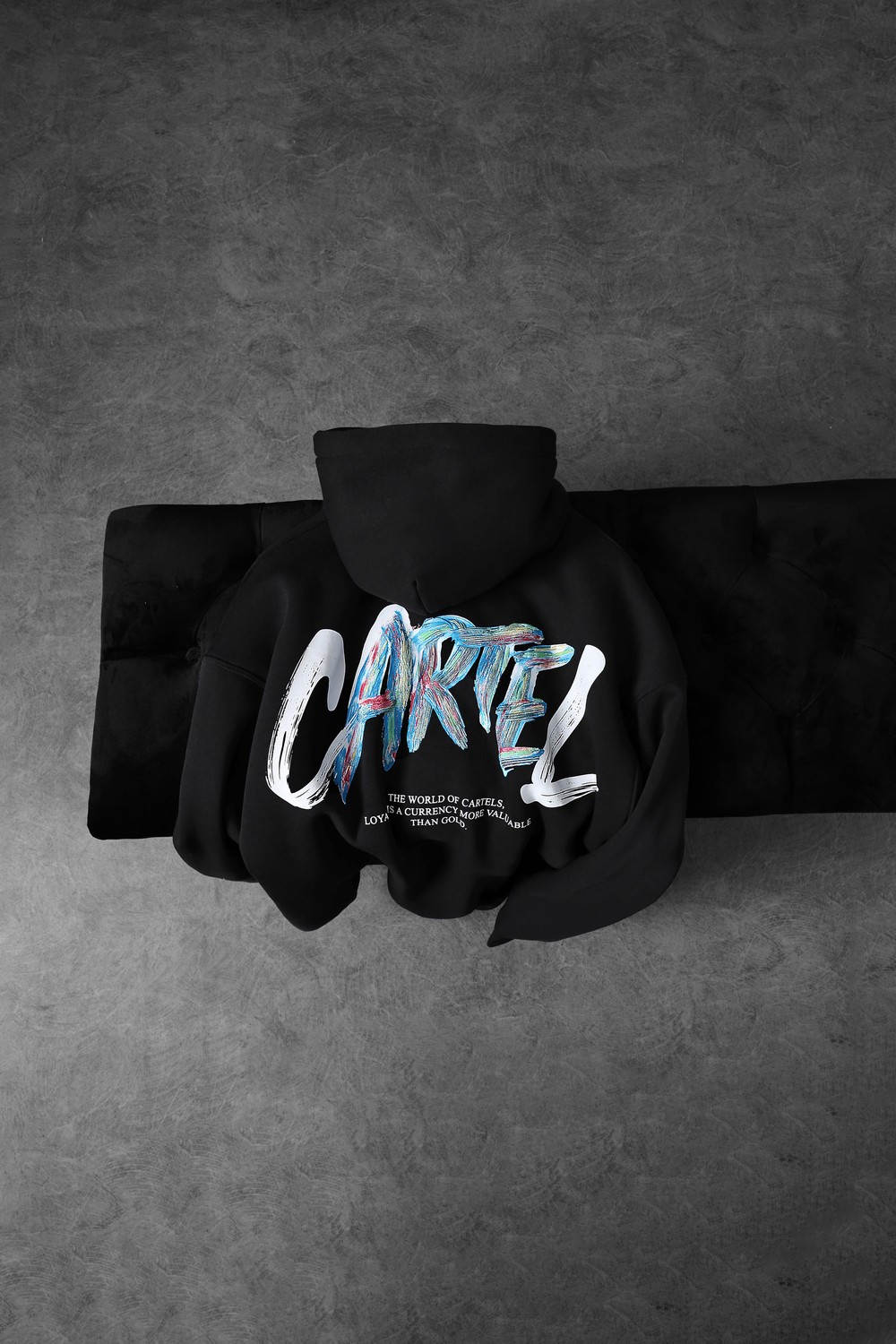 Erkek Siyah Cartel Kabartma Baskılı Kapüşonlu Oversize Sweatshirt