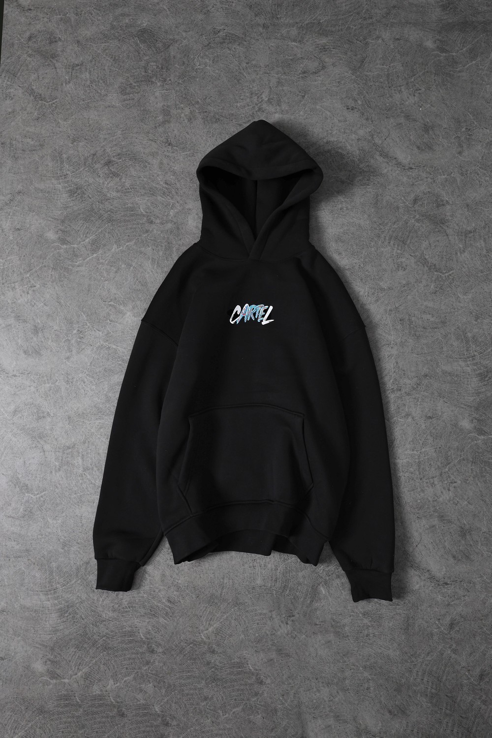 Erkek Siyah Cartel Kabartma Baskılı Kapüşonlu Oversize Sweatshirt