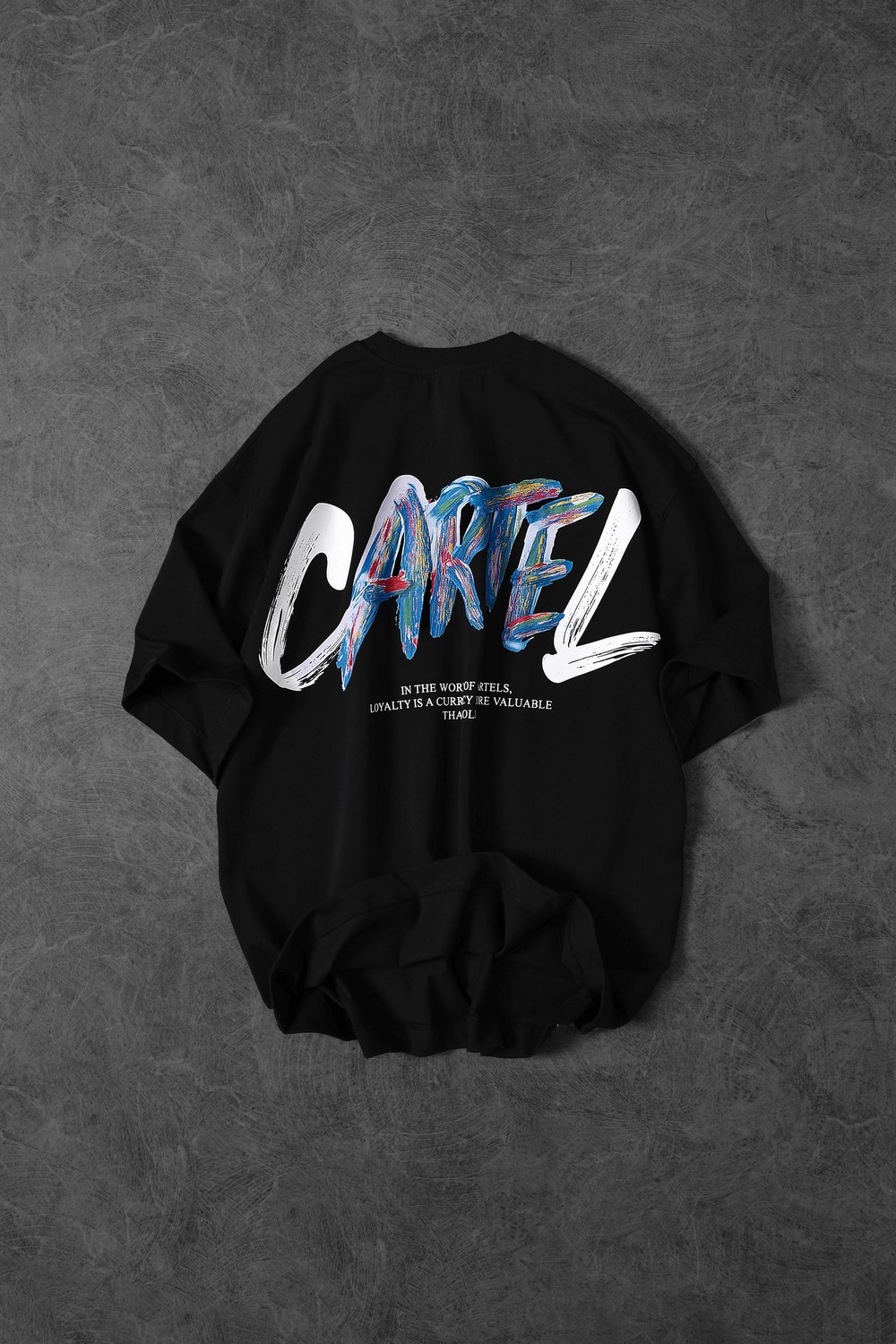 Erkek Siyah Cartel Kabartma Baskılı Oversize Tshirt