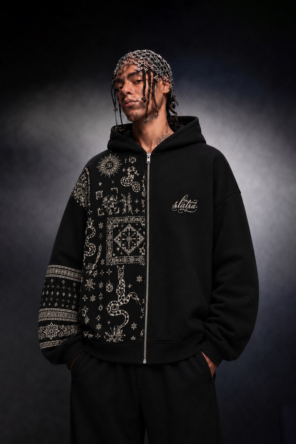 Erkek Siyah Codex Oversize Full Zip Hoodie