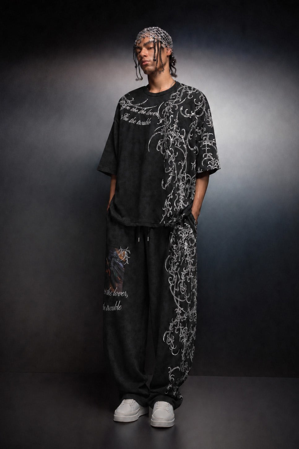 Erkek Siyah Crow Patch Oversize Yıkama Efektli Tshirt