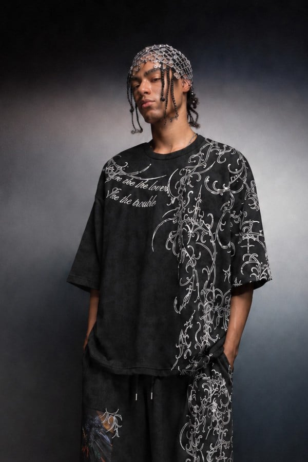 Erkek Siyah Crow Patch Oversize Yıkama Efektli Tshirt