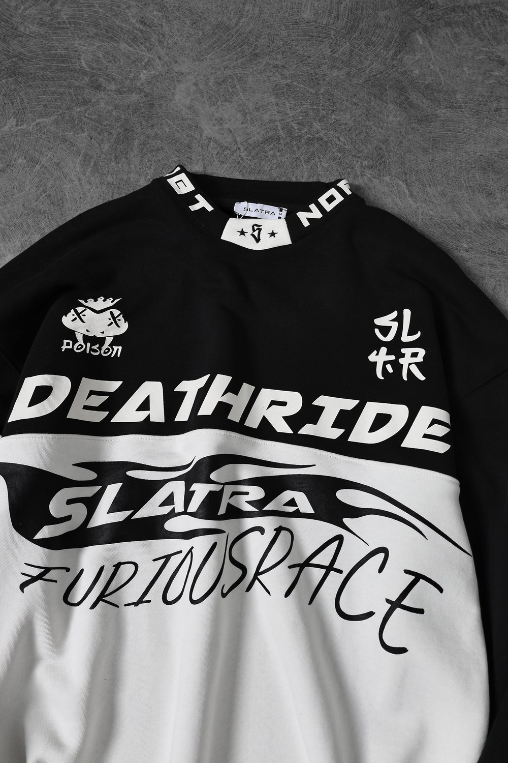 Erkek Siyah Deathride Baskılı V Yaka Oversize Racing Sweatshirt