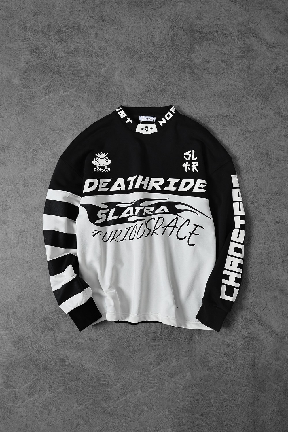 Erkek Siyah Deathride Baskılı V Yaka Oversize Racing Sweatshirt