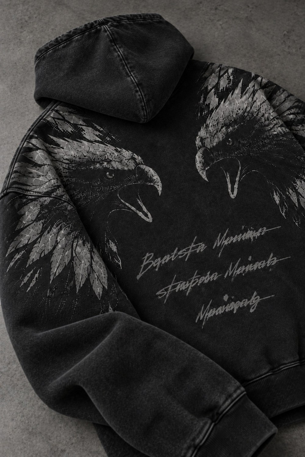 Erkek Siyah Eagle Özel Yıkamalı Oversize Hoodie