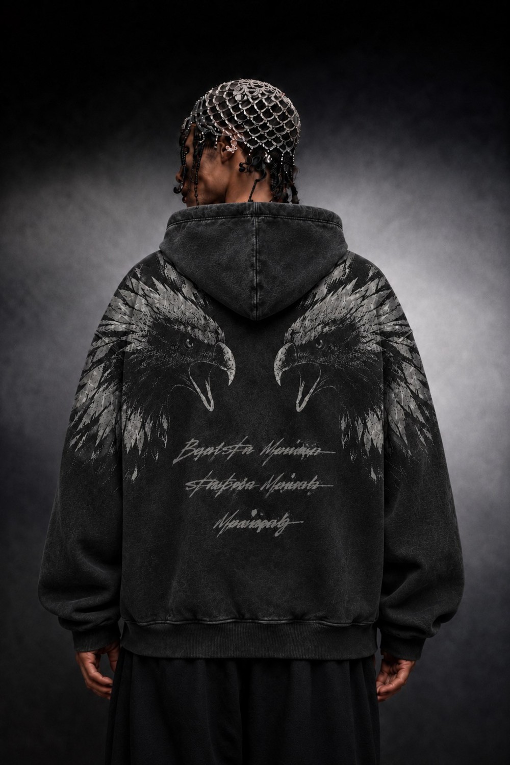 Erkek Siyah Eagle Özel Yıkamalı Oversize Hoodie