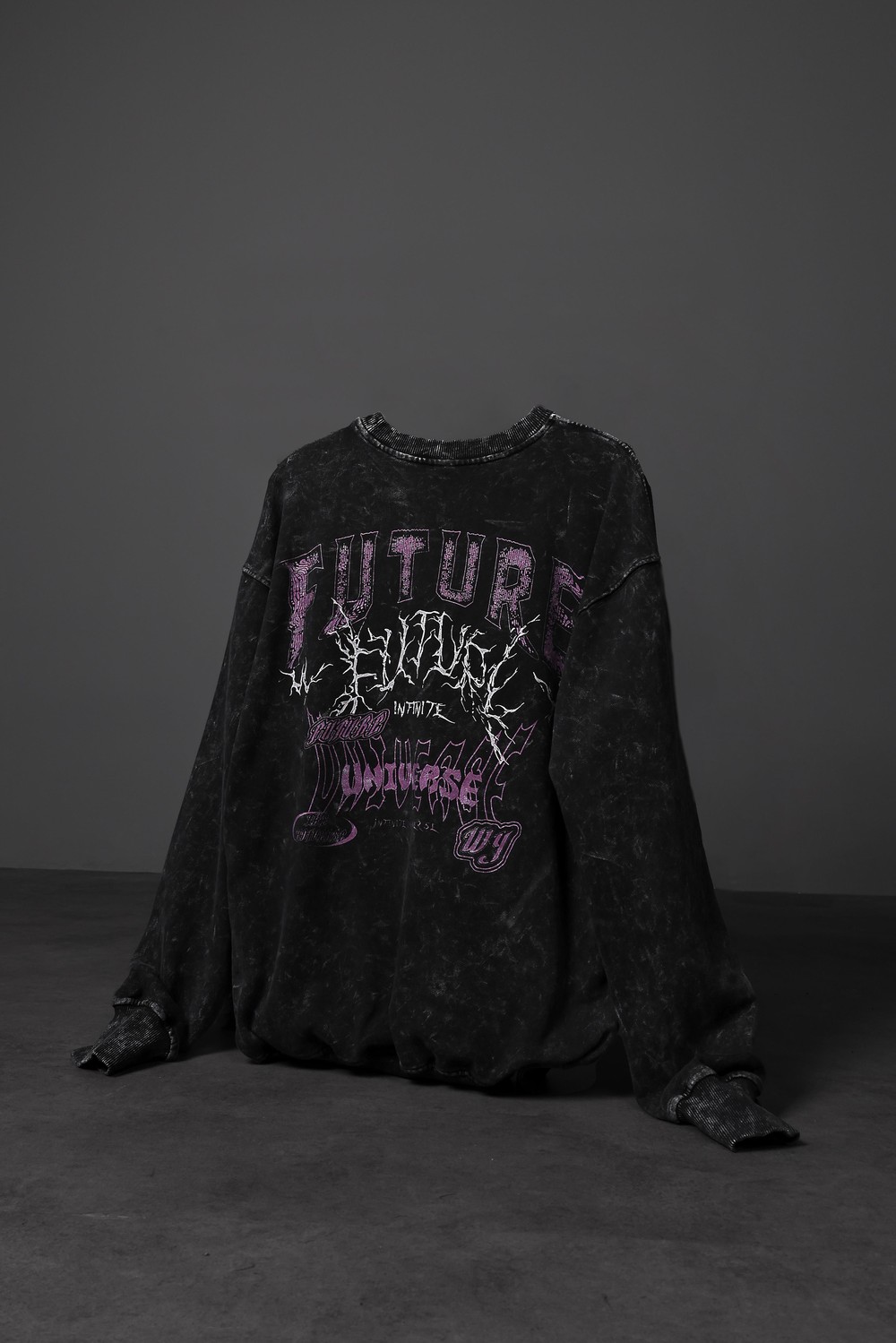 Erkek Siyah Future Yıkamalı Baskılı Oversize Sweatshirt