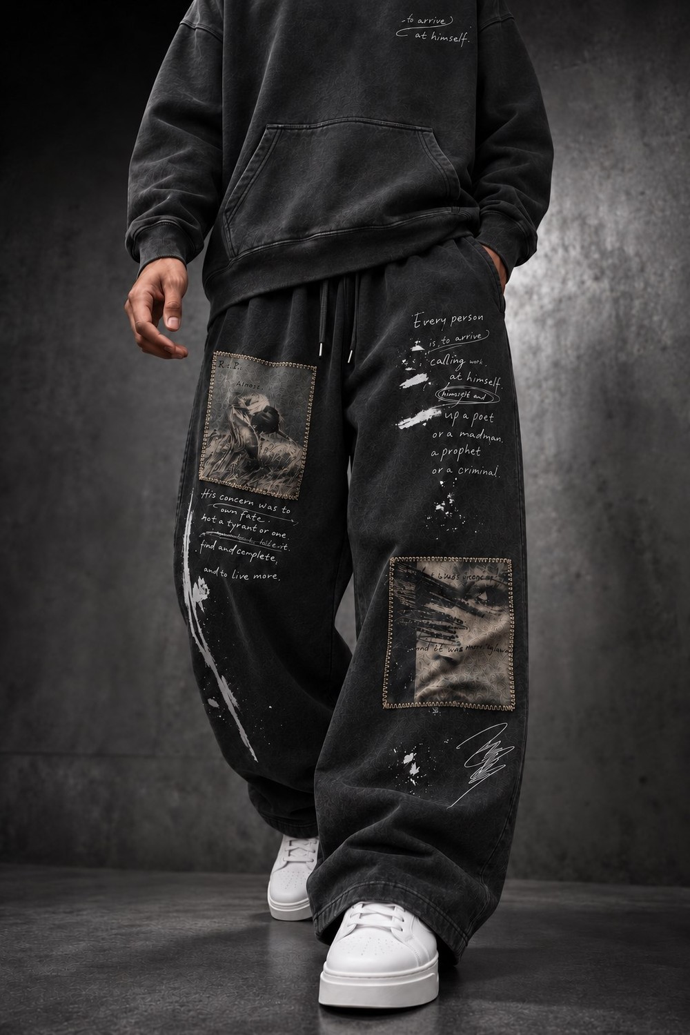 Erkek Siyah Himself Patch Özel Yıkamalı Baggy Eşofman