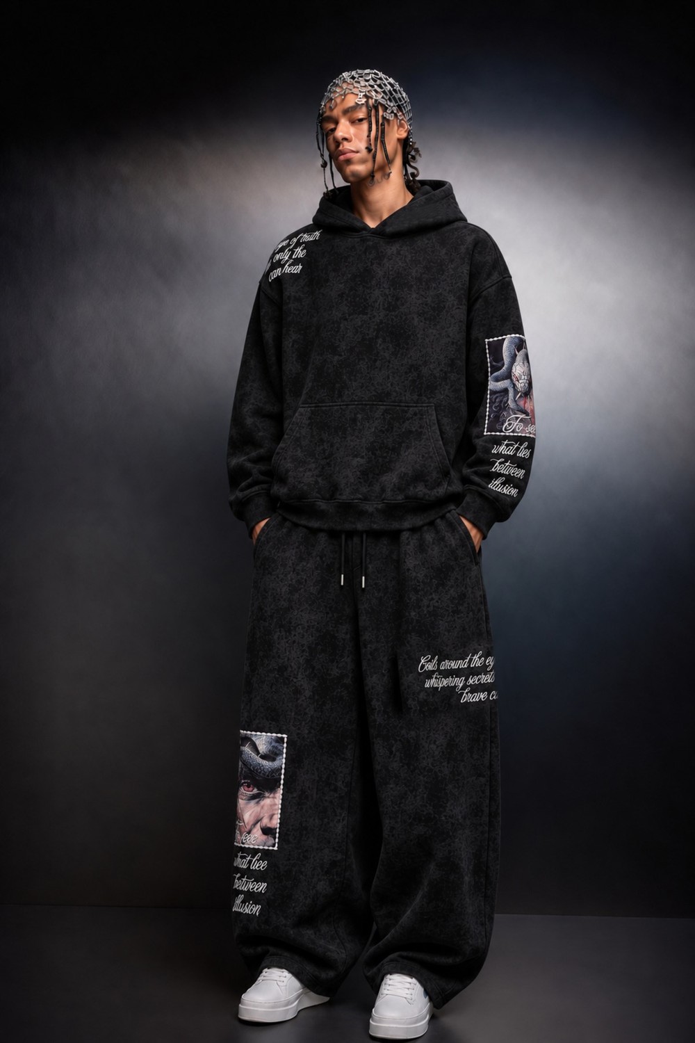Erkek Siyah İllusion Nakışlı Patchli Yıkamalı Oversize Kapüşonlu Sweatshirt