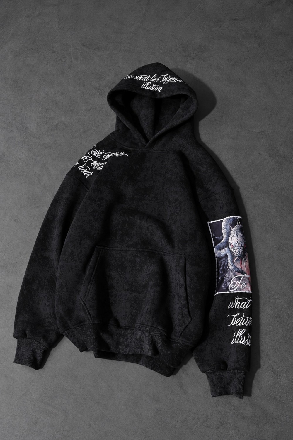 Erkek Siyah İllusion Nakışlı Patchli Yıkamalı Oversize Kapüşonlu Sweatshirt