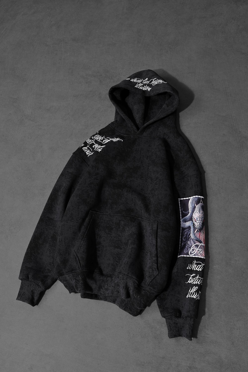 Erkek Siyah İllusion Nakışlı Patchli Yıkamalı Oversize Kapüşonlu Sweatshirt