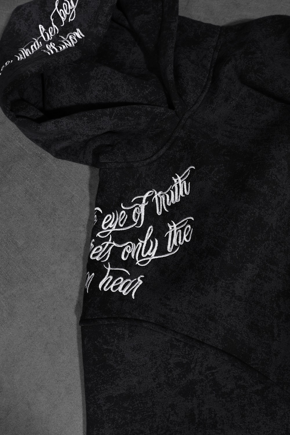 Erkek Siyah İllusion Nakışlı Patchli Yıkamalı Oversize Kapüşonlu Sweatshirt