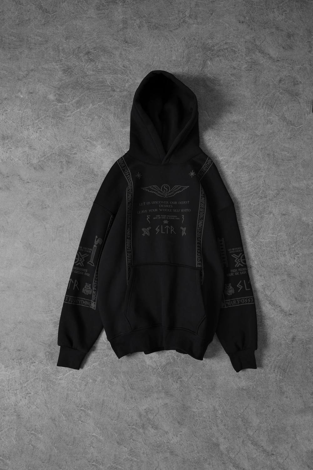 Erkek Siyah Kabartma Baskı Kapüşonlu Oversize Sweatshirt
