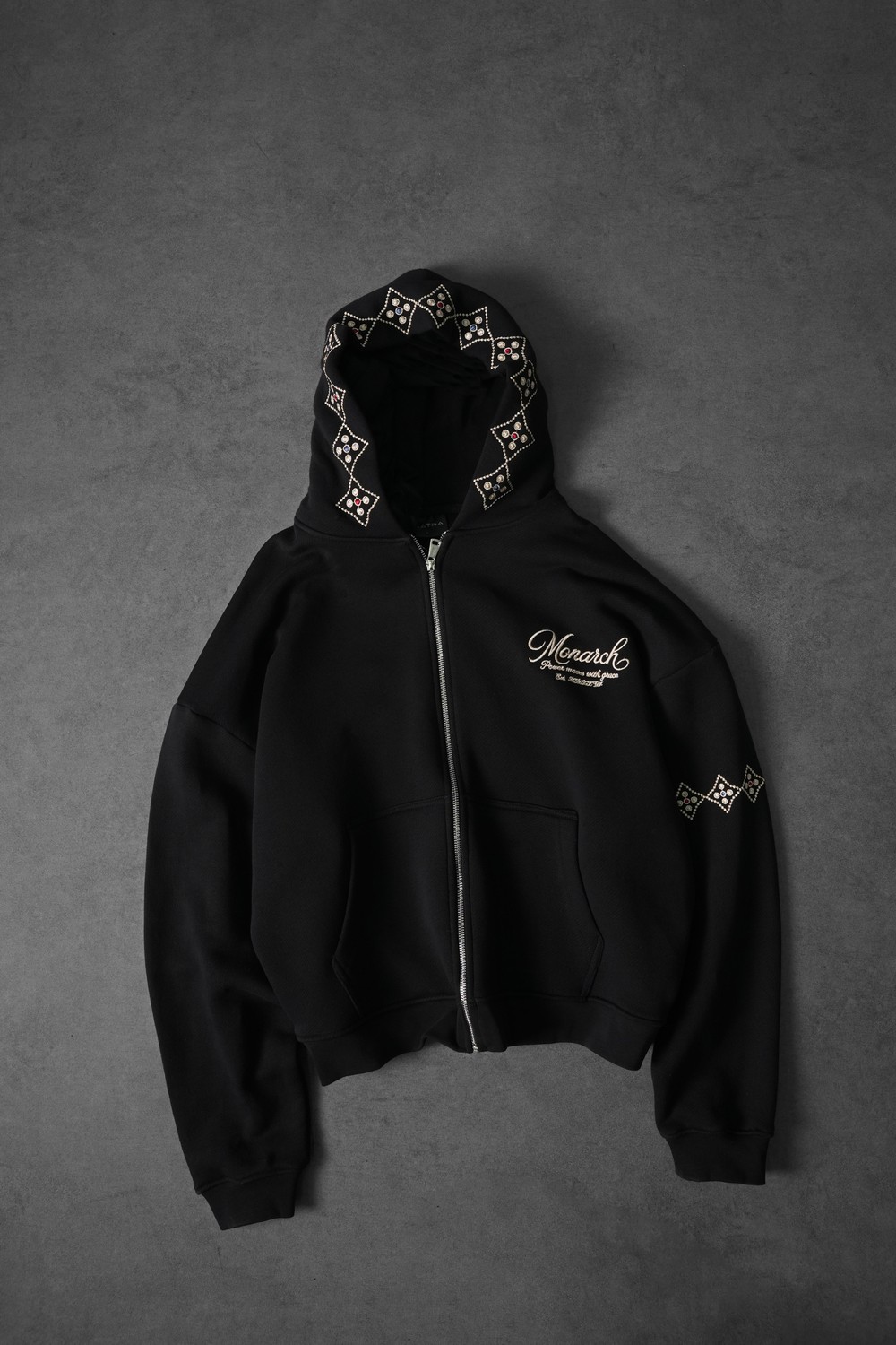 Erkek Siyah Monarch Nakışlı Oversize Full Zip Hoodie