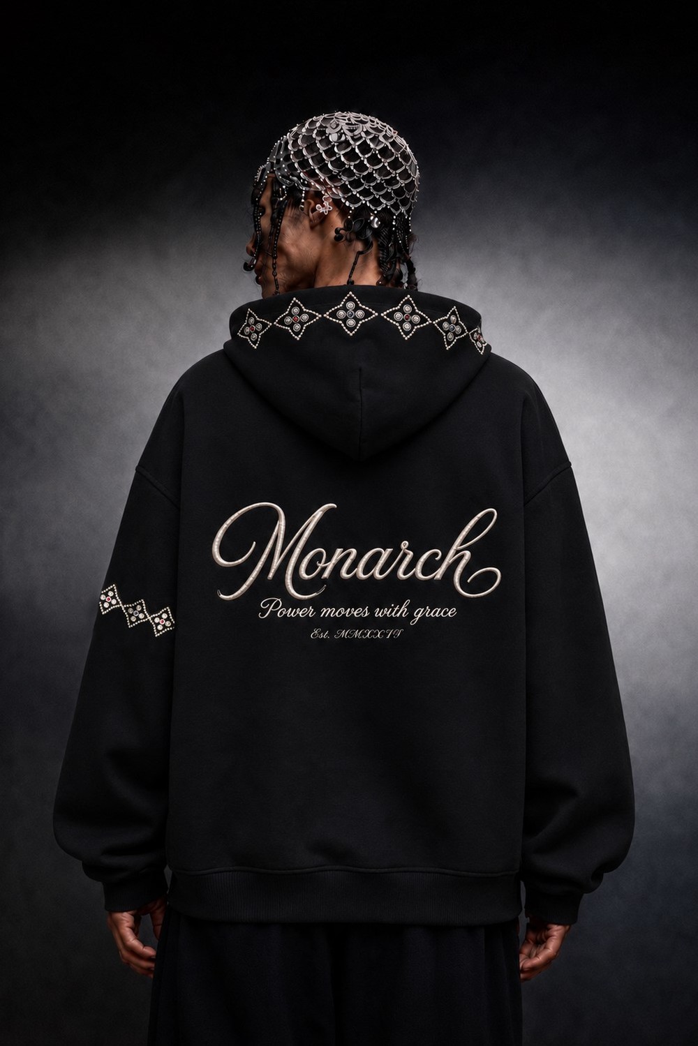 Erkek Siyah Monarch Nakışlı Oversize Full Zip Hoodie
