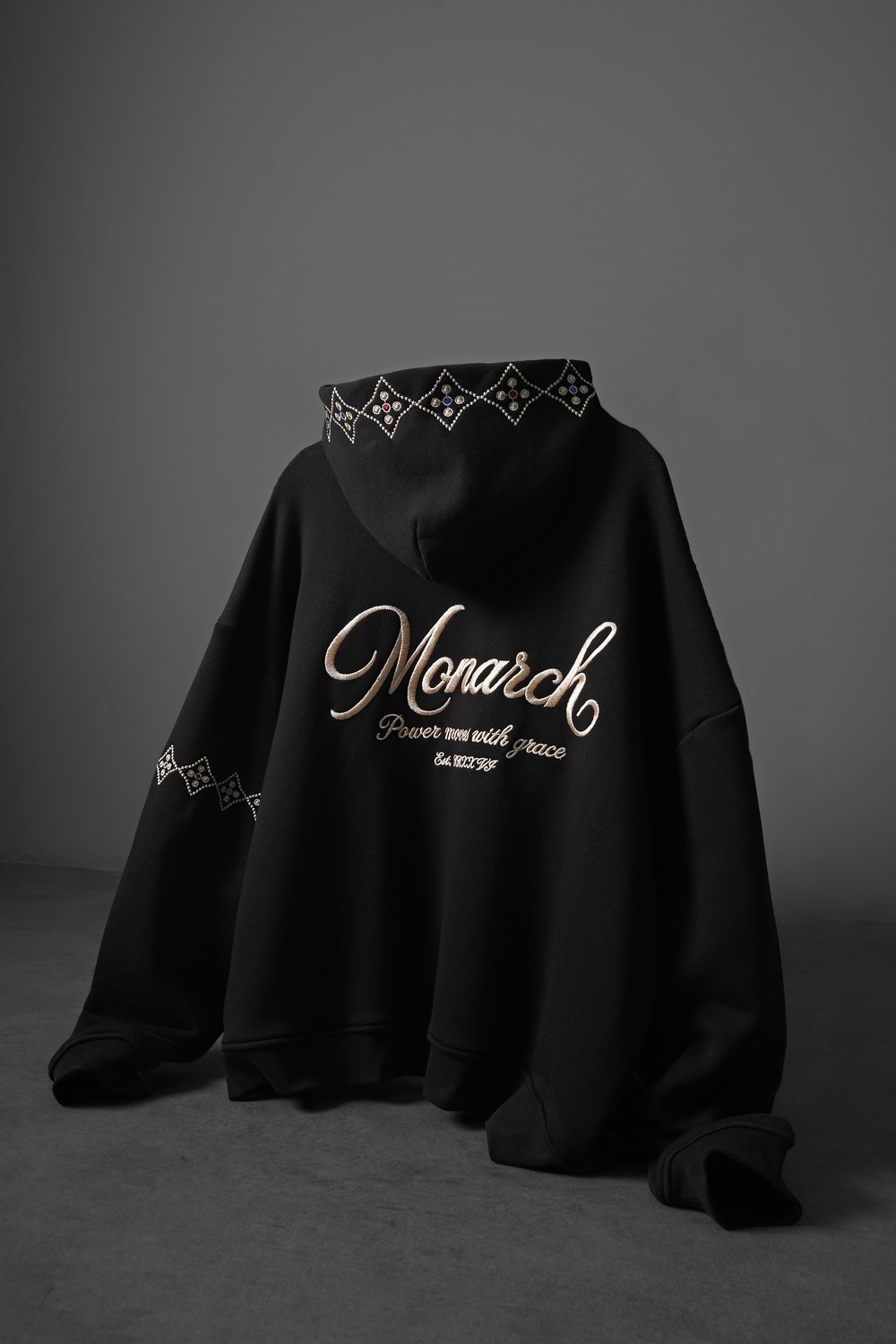 Erkek Siyah Monarch Nakışlı Oversize Full Zip Hoodie
