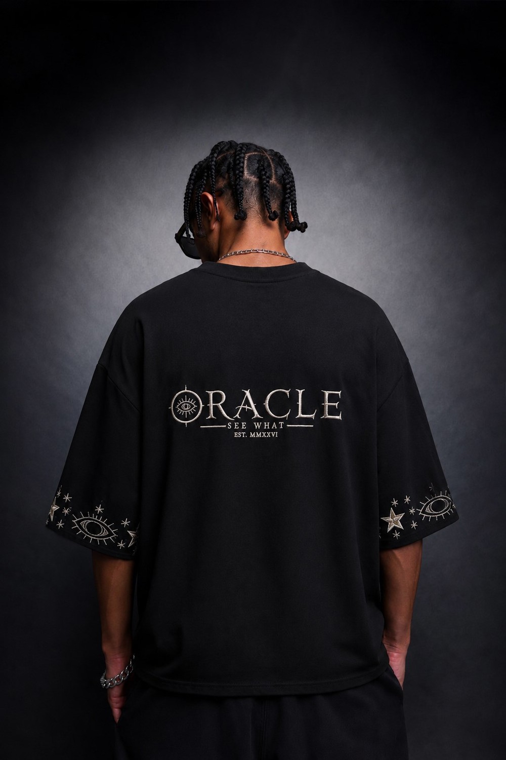 Erkek Siyah Oracle Nakışlı Oversize Tshirt