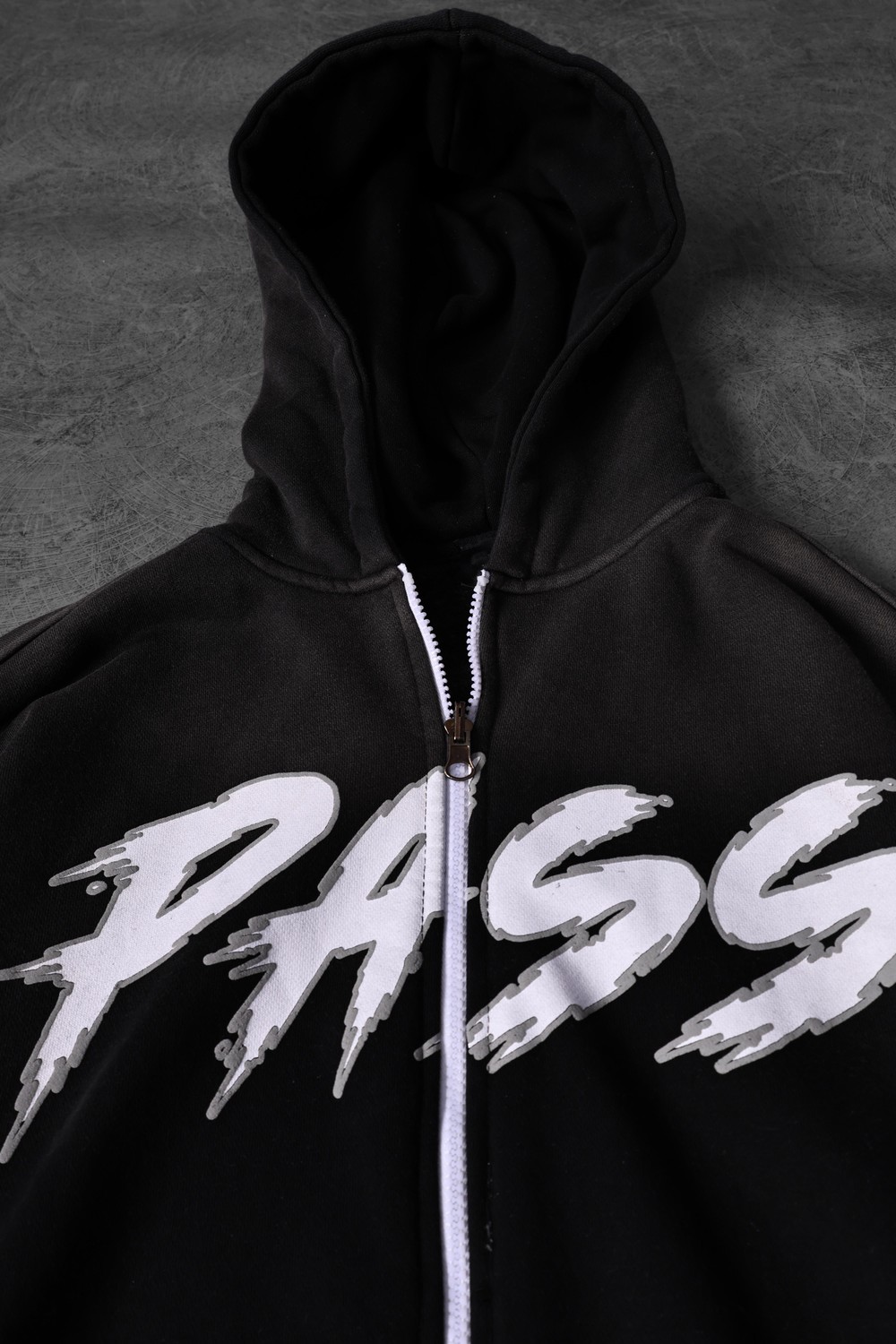Erkek Siyah Pass Full Zip Özel Yıkamalı Oversize Kapüşonlu Sweatshirt