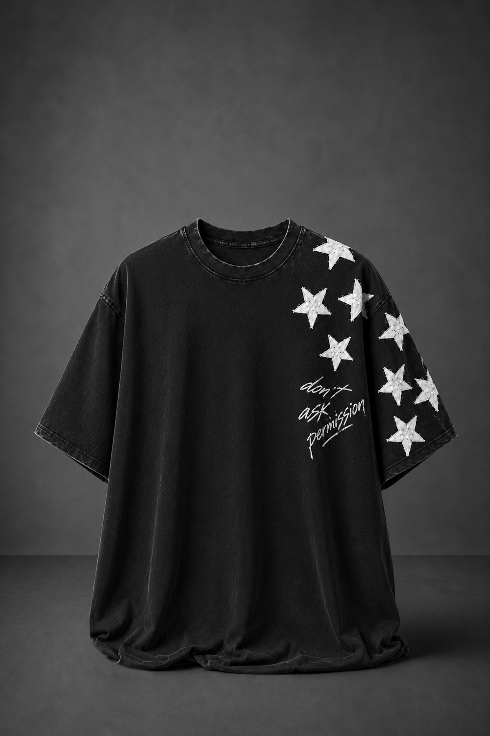 Erkek Siyah Permission Aplike Nakışlı Oversize Tshirt