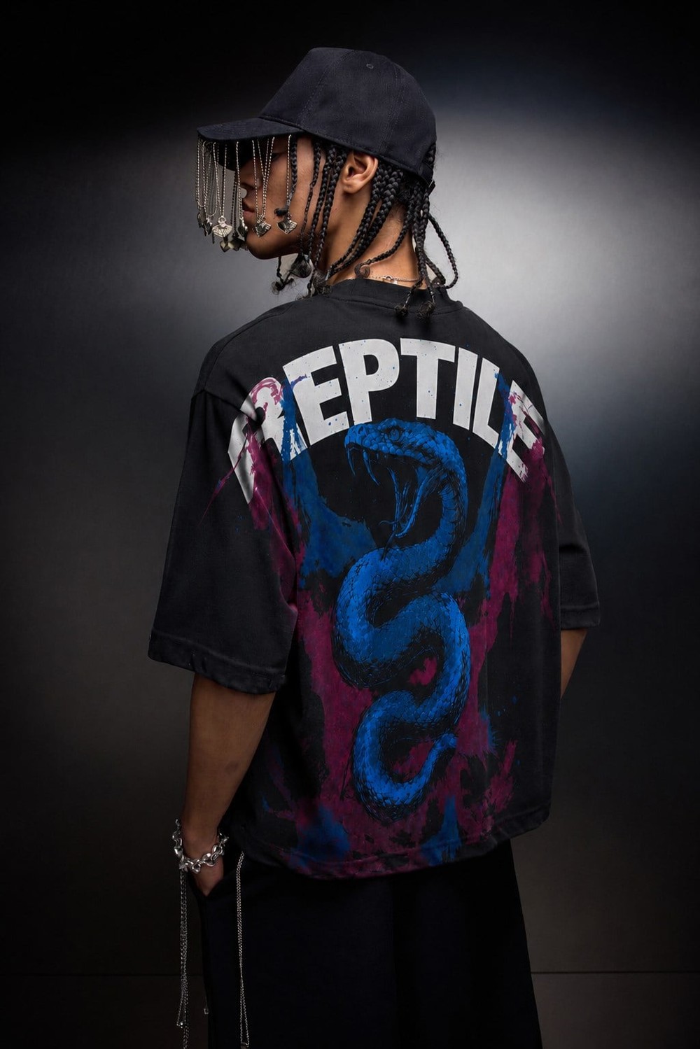 Erkek Siyah Reptile Baskılı Oversize Tshirt