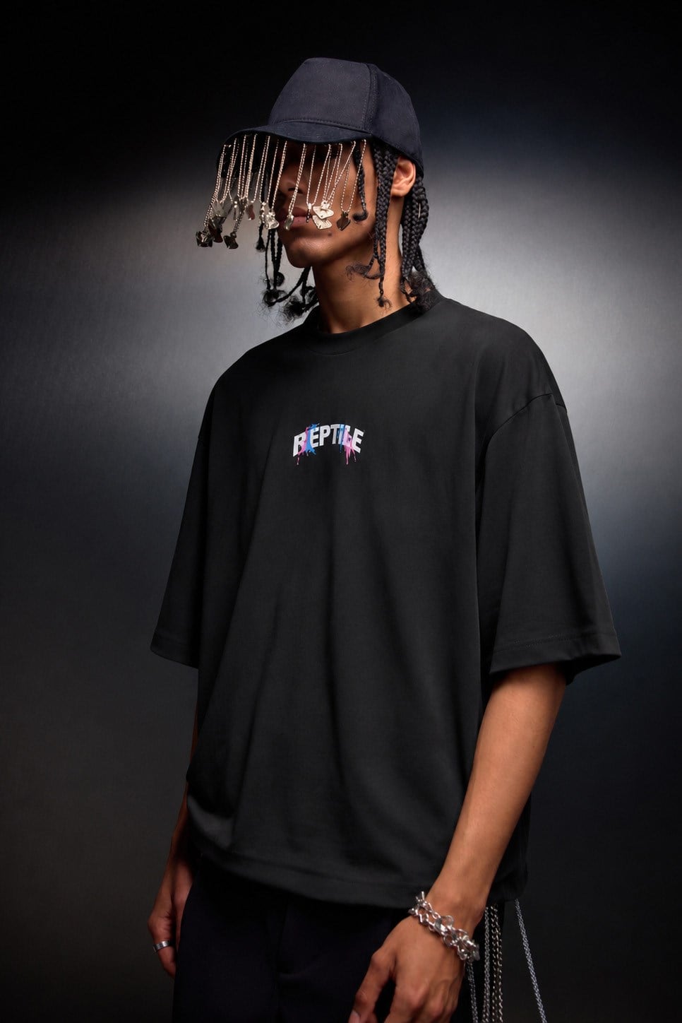 Erkek Siyah Reptile Baskılı Oversize Tshirt