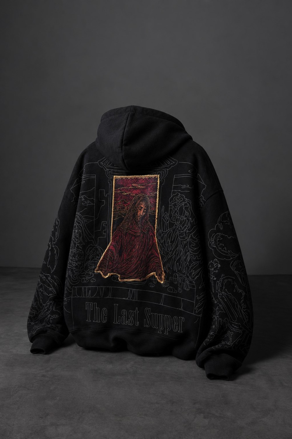 Erkek Siyah Sanctum Kadife Patch Oversize Hoodie