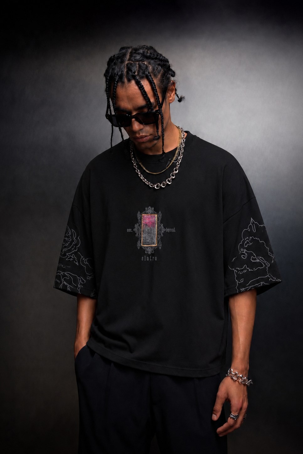 Erkek Siyah Sanctum Kadife Patch Oversize Tshirt
