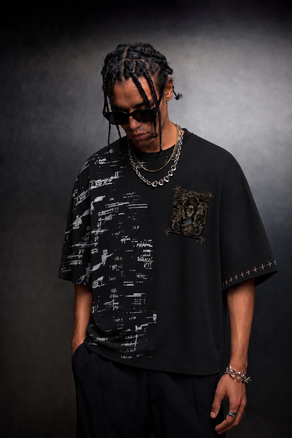 Erkek Siyah Semantic Decay Baskı Oversize Tshirt