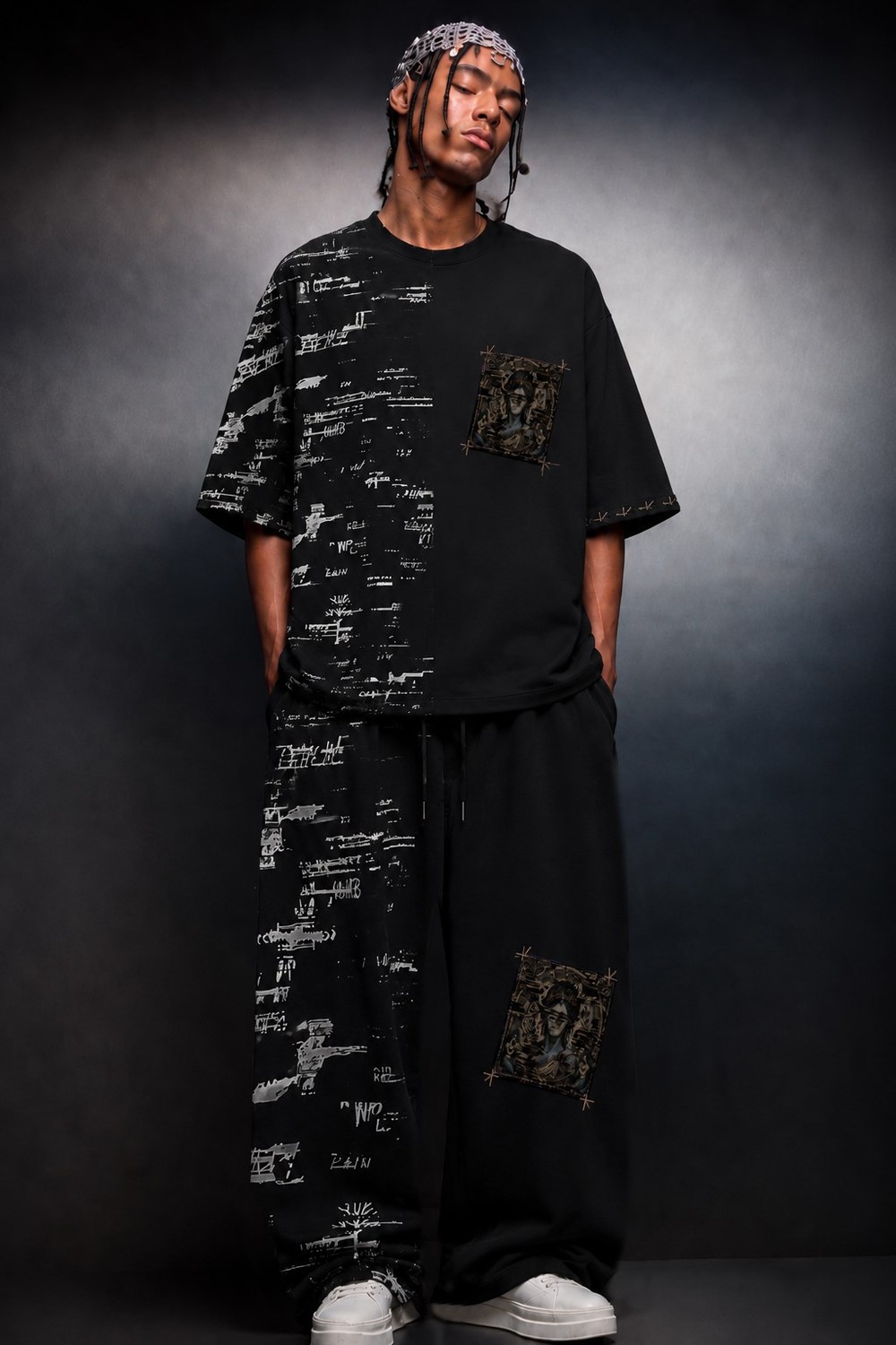 Erkek Siyah Semantic Decay Baskı Oversize Tshirt