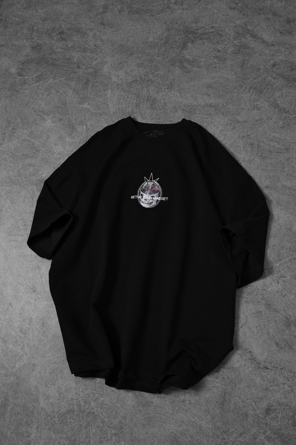 Erkek Siyah Setup Your Mindset Baskılı Oversize Tshirt
