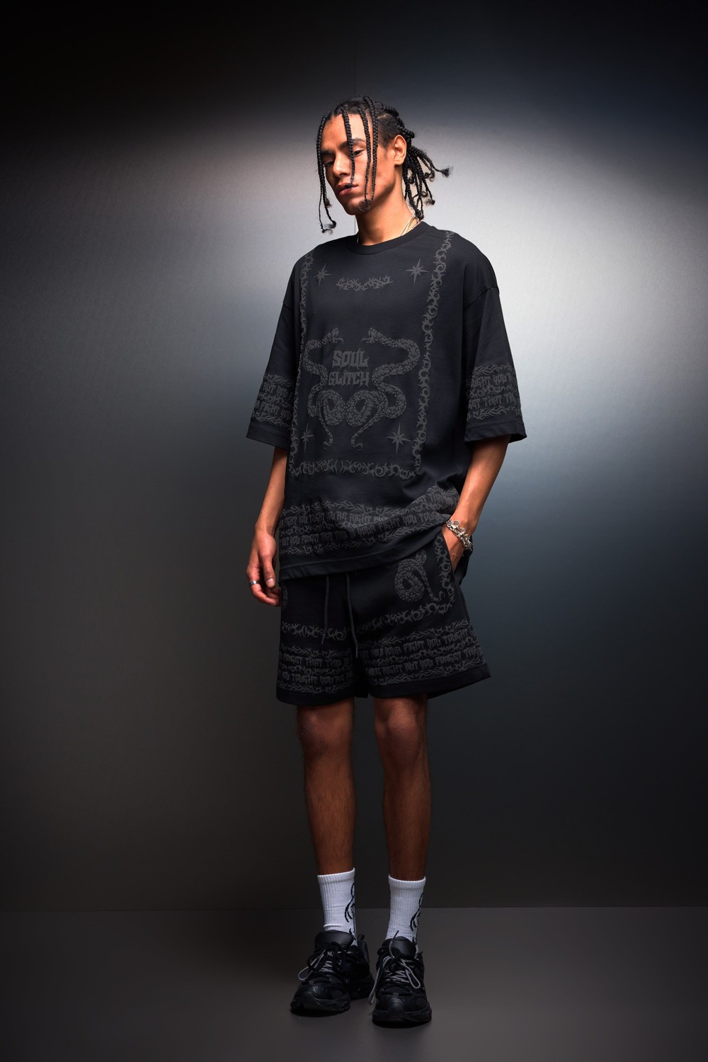 Erkek Siyah Soul Glitch Kabartma Baskılı Oversize Tshirt