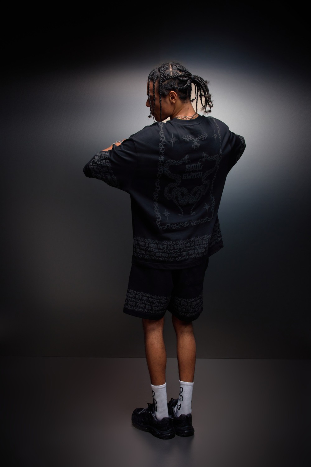 Erkek Siyah Soul Glitch Kabartma Baskılı Oversize Tshirt