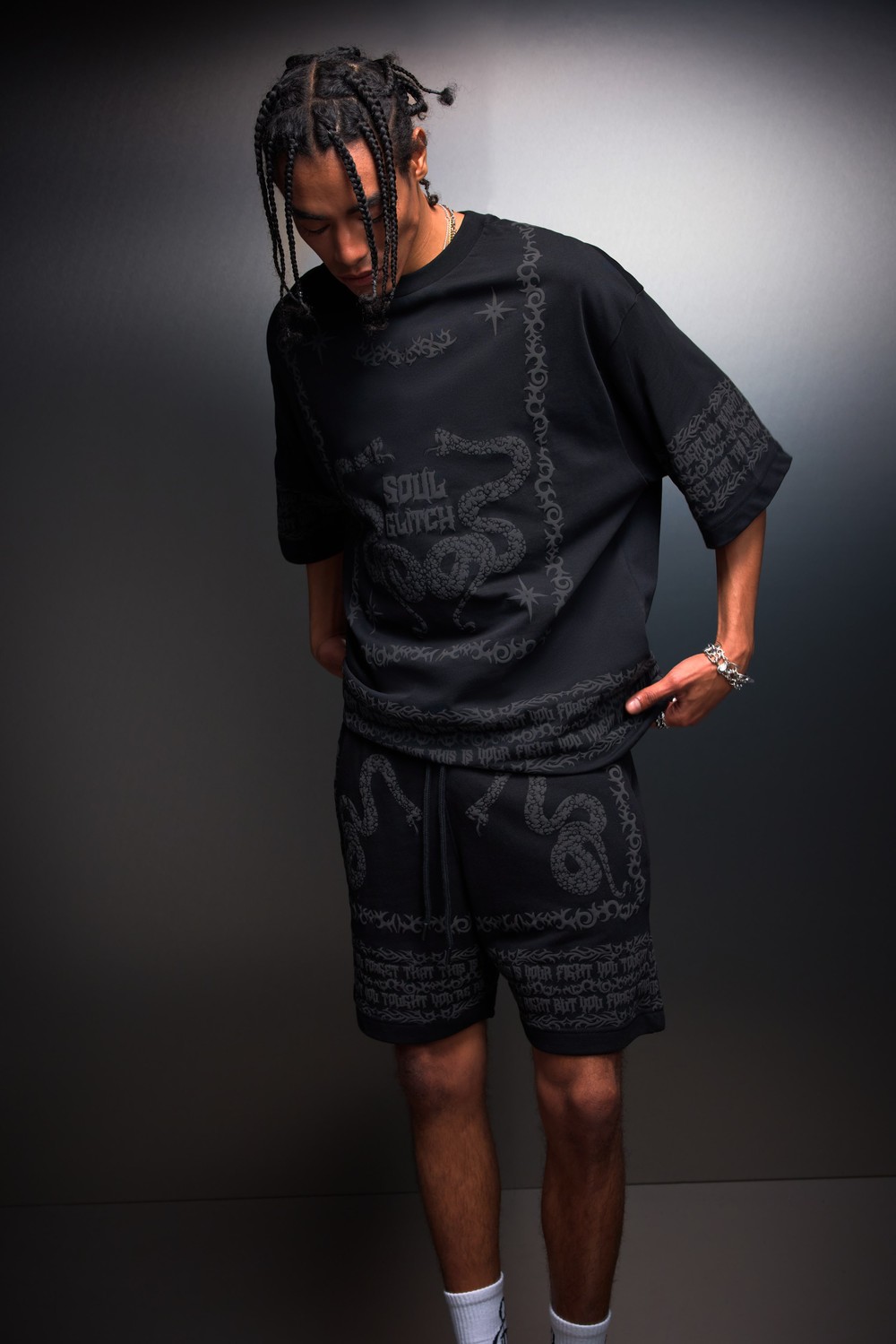 Erkek Siyah Soul Glitch Kabartma Baskılı Oversize Tshirt