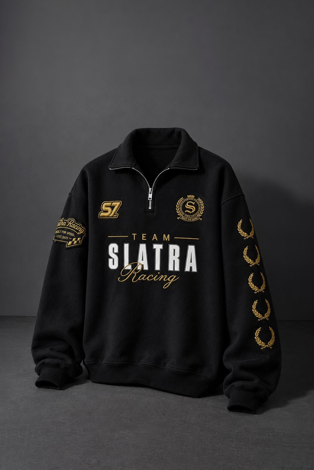 Erkek Siyah Team Racing Oversize Half Zip Sweatshirt