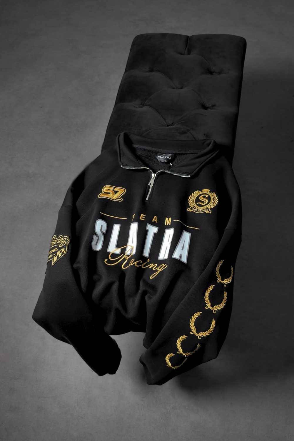 Erkek Siyah Team Racing Oversize Half Zip Sweatshirt