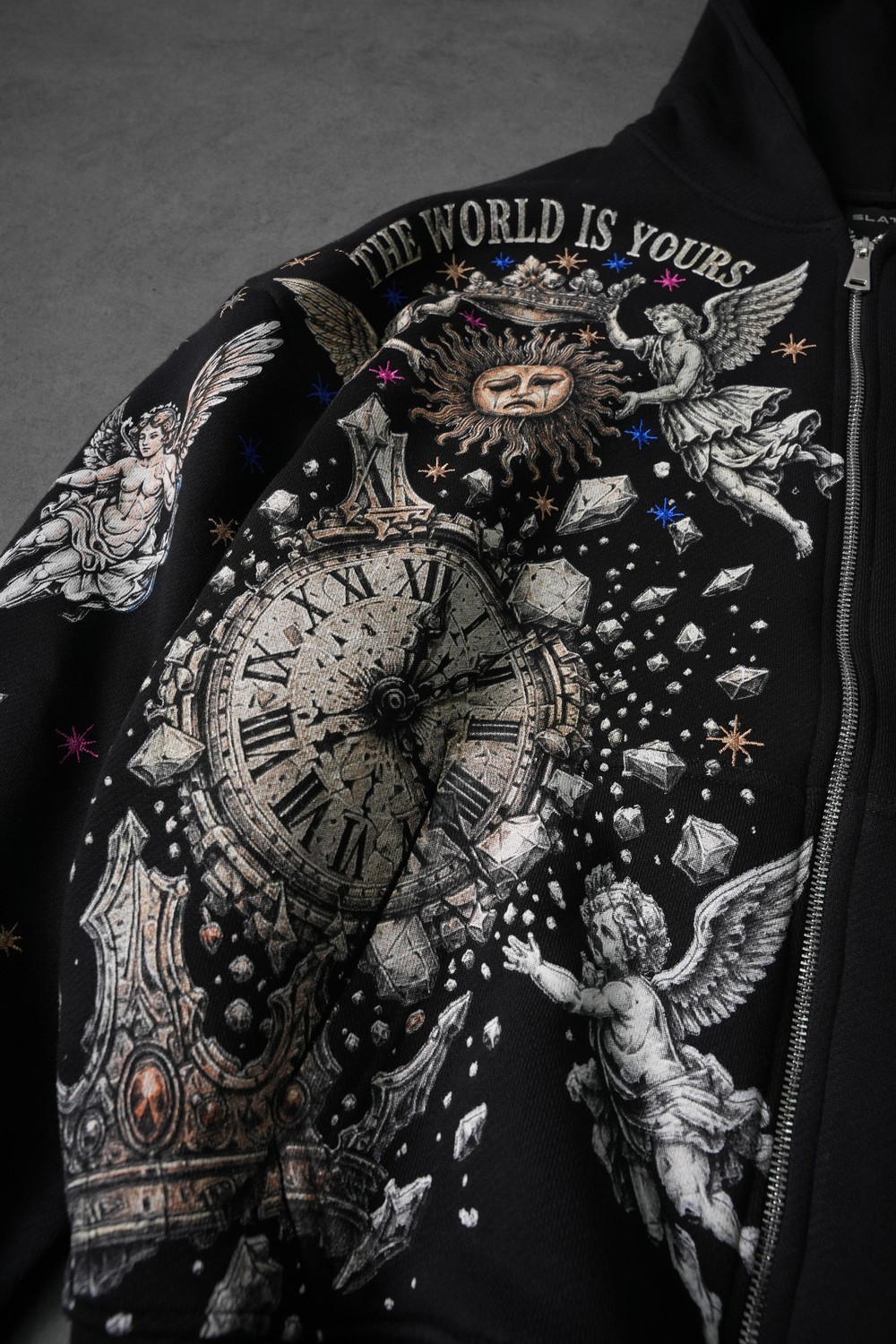 Erkek Siyah Universal Nakışlı Oversize Full Zip Hoodie