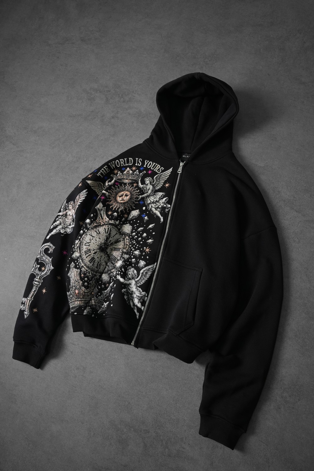 Erkek Siyah Universal Nakışlı Oversize Full Zip Hoodie