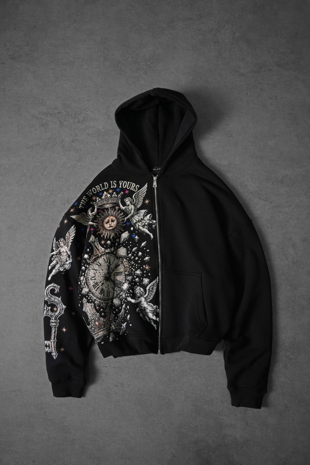 Erkek Siyah Universal Nakışlı Oversize Full Zip Hoodie